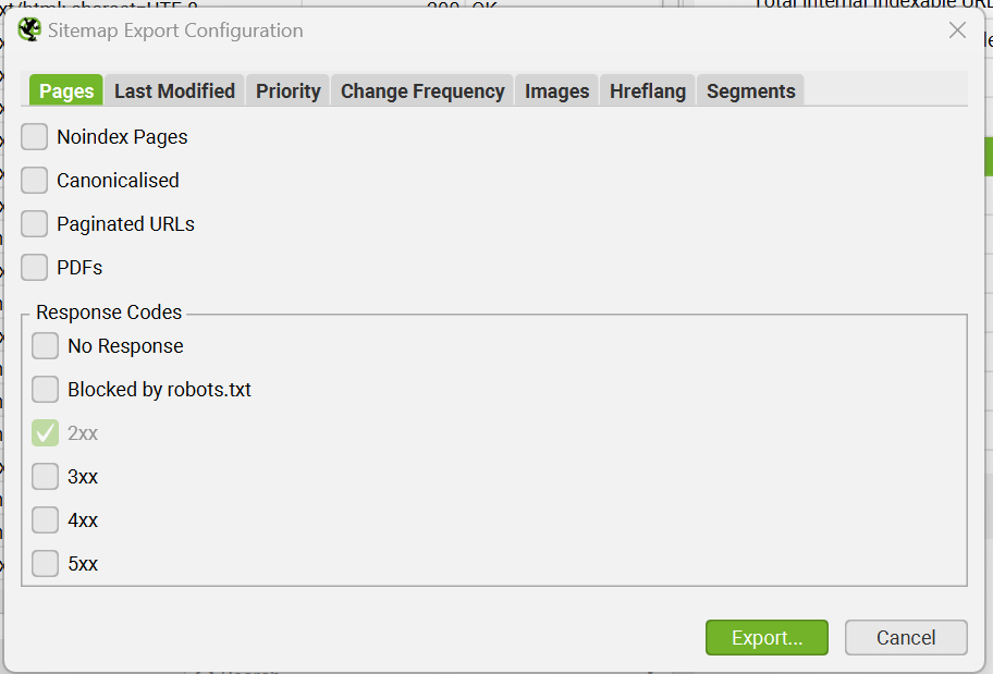 Screaming Frog default sitemap export settings